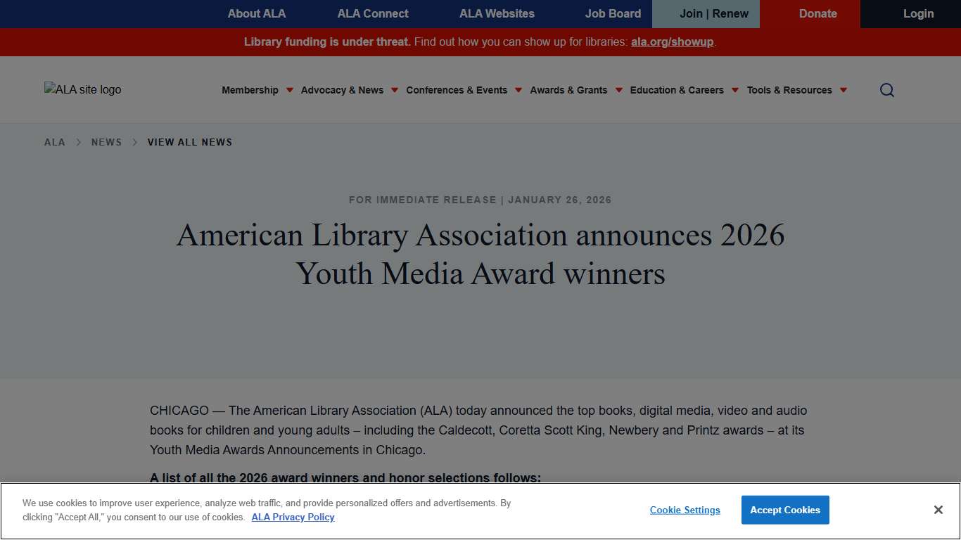 American Library Association announces 2026 Youth Media Award winners ALA